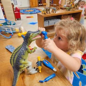 Kinderfolker uses toy doctor kit to assess the health of a large, plastic dinosaur